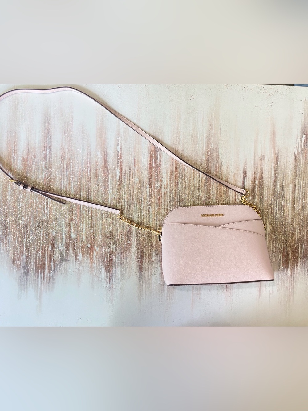 Michael Kors Staffiano Leather Shell Crossbody Bag Blush Pink Gold Chain